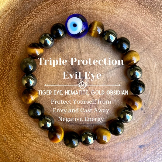 Pulsera Triple Protección con Ojo Turco – Ojo de Tigre, Hematita y Obsidiana