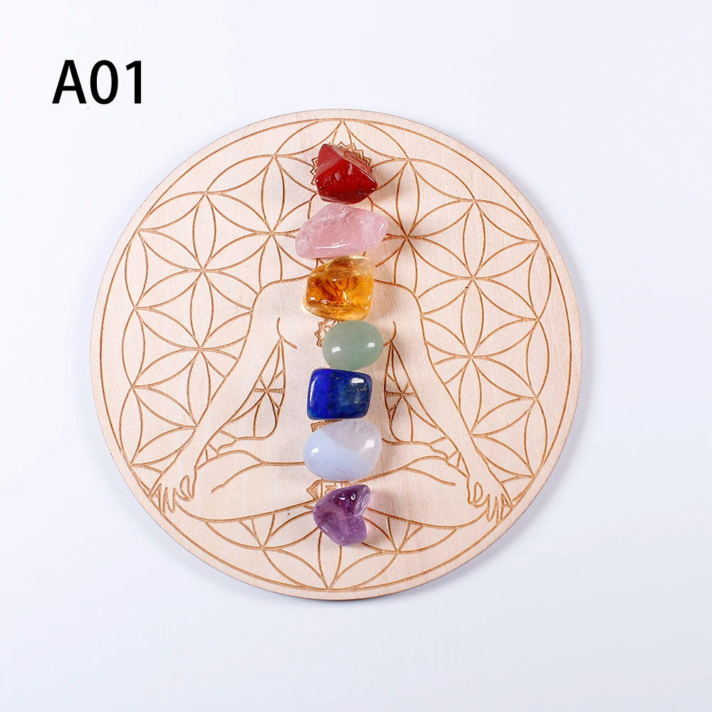Set de 7 Piedras Chakras con Base de Madera – Arreglo de la Estrella de Siete Puntas | Decoración Energética y Sanación Espiritual