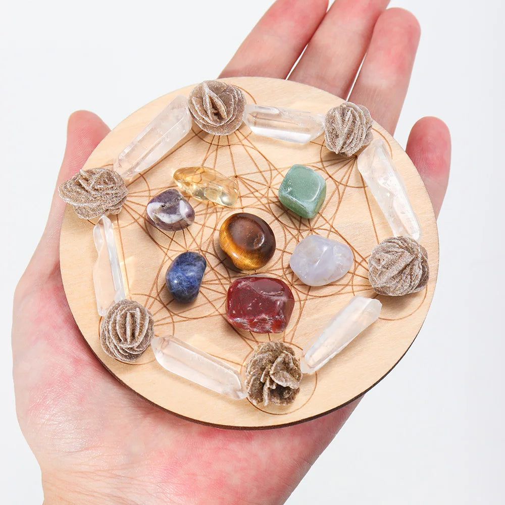 Set de 7 Piedras Chakras con Base de Madera – Arreglo de la Estrella de Siete Puntas | Decoración Energética y Sanación Espiritual