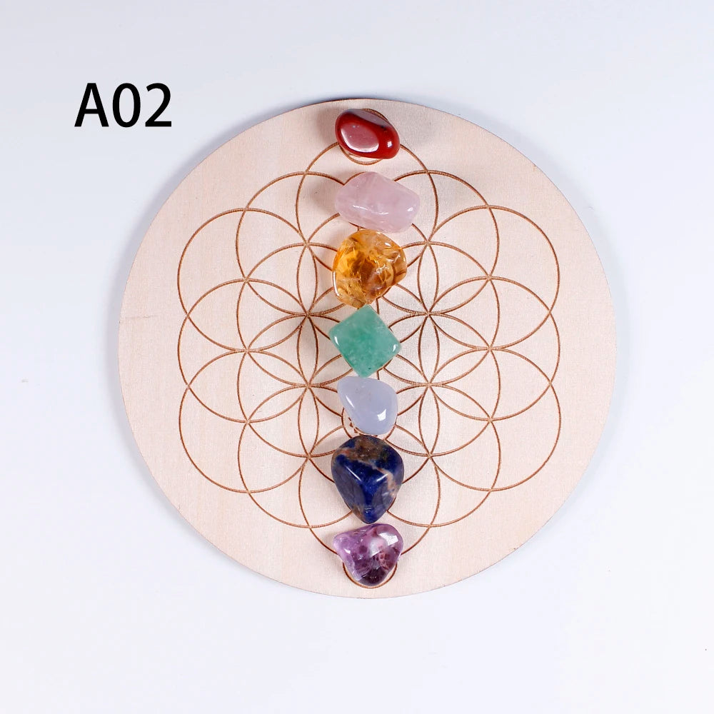 Set de 7 Piedras Chakras con Base de Madera – Arreglo de la Estrella de Siete Puntas | Decoración Energética y Sanación Espiritual