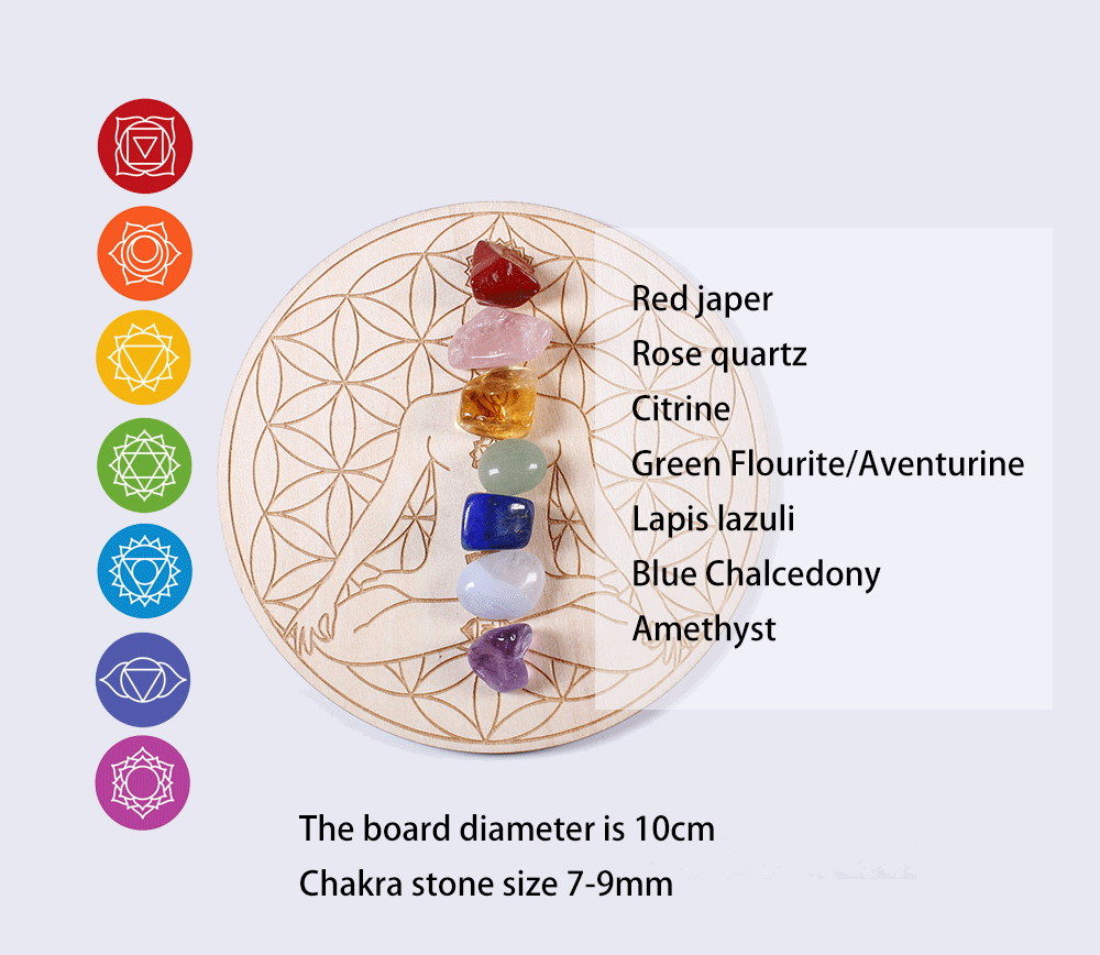 Set de 7 Piedras Chakras con Base de Madera – Arreglo de la Estrella de Siete Puntas | Decoración Energética y Sanación Espiritual