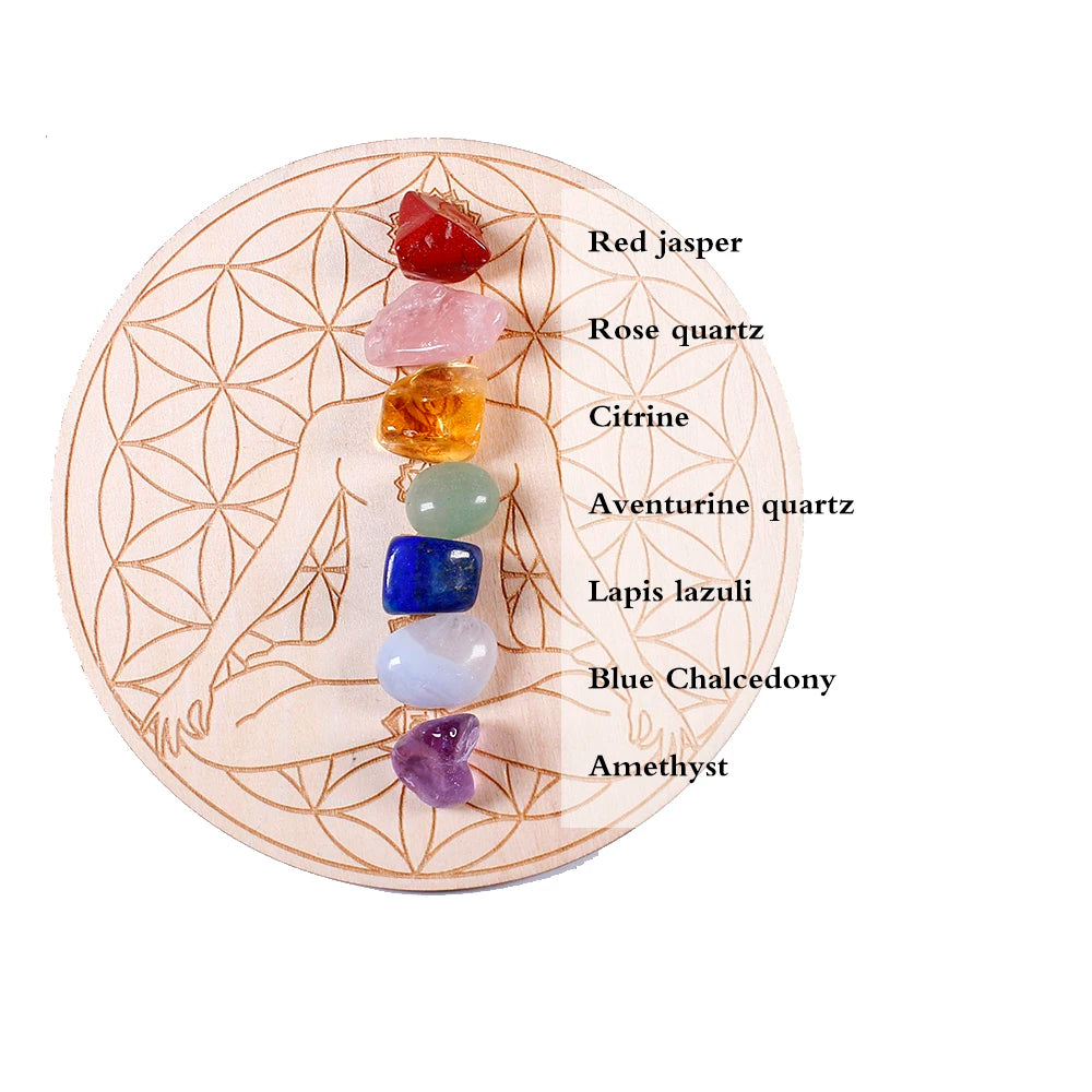 Set de 7 Piedras Chakras con Base de Madera – Arreglo de la Estrella de Siete Puntas | Decoración Energética y Sanación Espiritual