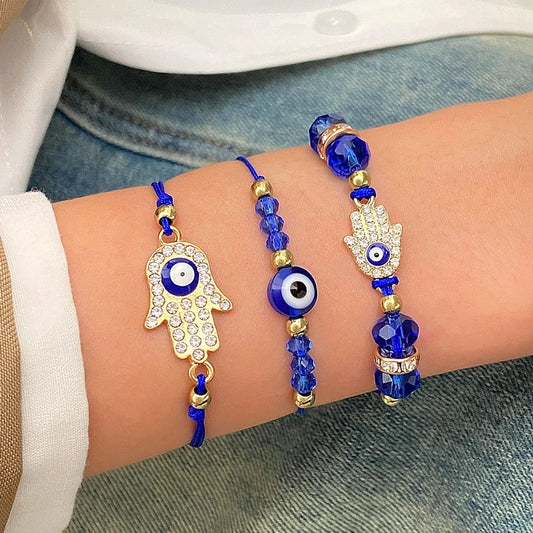 Set de 3 Pulseras Ojo Turco – Amuletos de Protección con Flor, Mariposa y Cristales