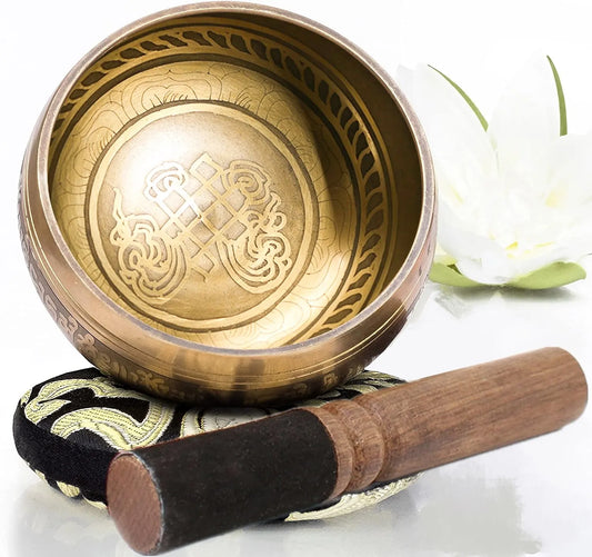 Set de Cuenco Tibetano Dorado con Tótem – Hecho a Mano para Meditación, Yoga y Sanación Energética