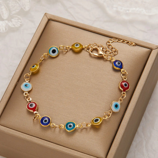 Pulsera Simple de la Suerte con Ojo Turco – Cadena de Metal Ajustable y Colores Vibrantes