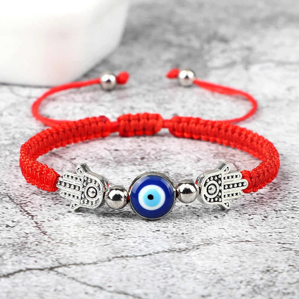 Pulsera Ajustable Mano de Fátima con Ojo Turco – Amuleto de Protección con Cuerda Roja Trenzada a mano