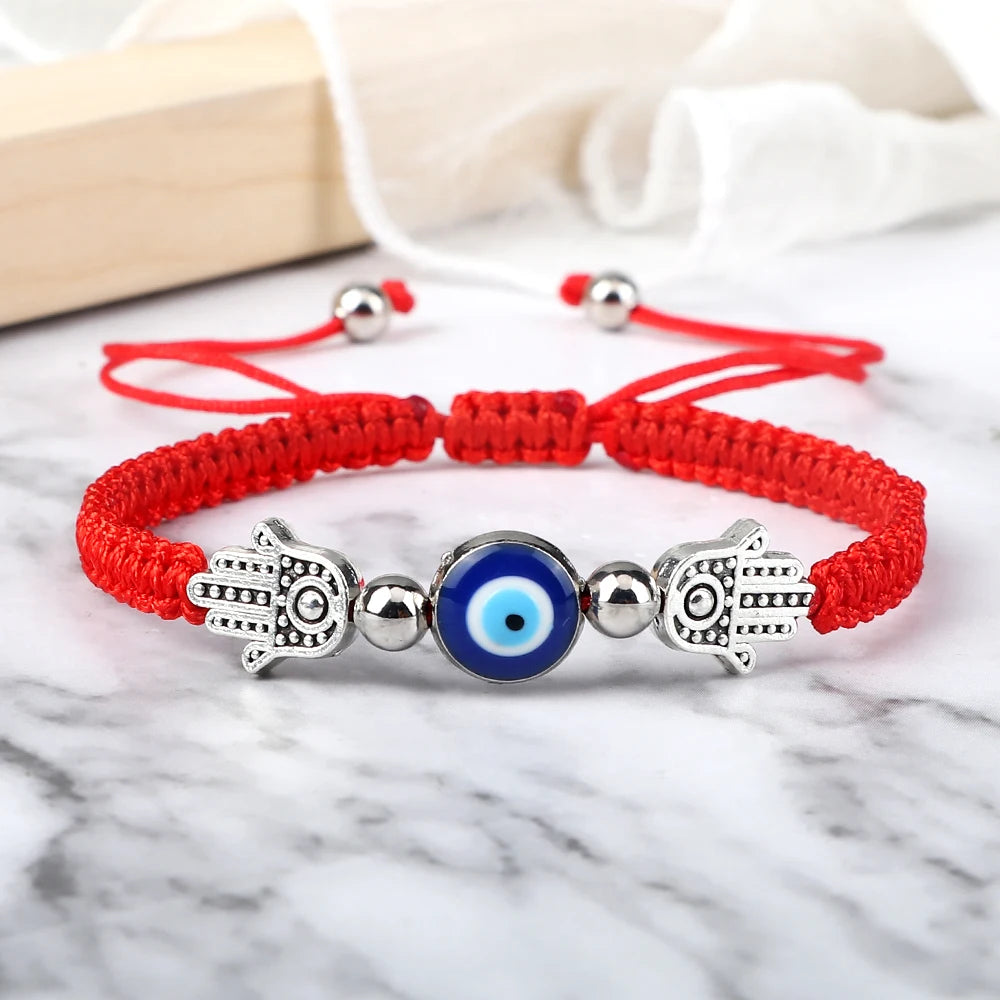 Pulsera Ajustable Mano de Fátima con Ojo Turco – Amuleto de Protección con Cuerda Roja Trenzada a mano