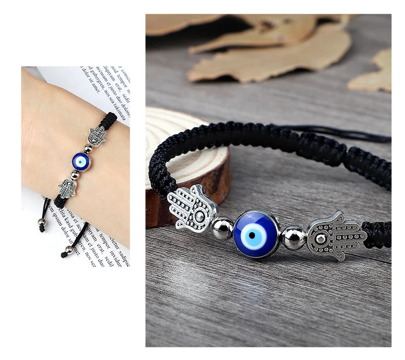 Pulsera Ajustable Mano de Fátima con Ojo Turco – Amuleto de Protección con Cuerda Roja Trenzada a mano