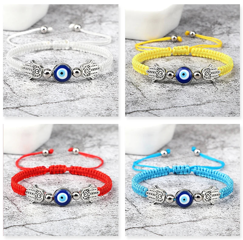Pulsera Ajustable Mano de Fátima con Ojo Turco – Amuleto de Protección con Cuerda Roja Trenzada a mano