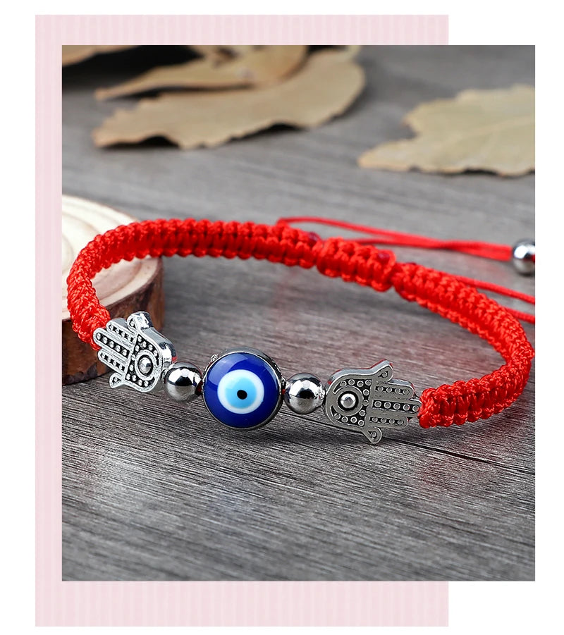 Pulsera Ajustable Mano de Fátima con Ojo Turco – Amuleto de Protección con Cuerda Roja Trenzada a mano