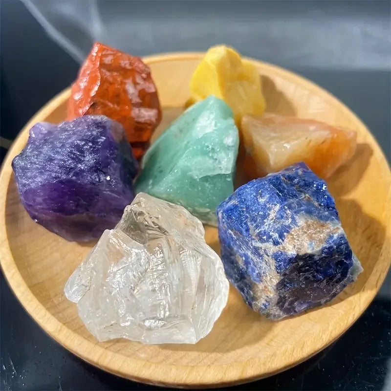 Set de 7 Piedras Naturales en Bruto – Sanación de Chakras | Cristales de Amatista, Aventurina, Lapislázuli y Más