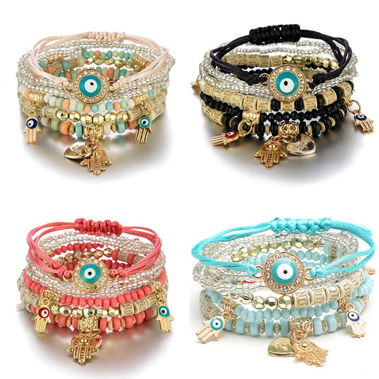 Set de 6 Pulseras Bohemias – Ojo Turco, Mano de Fátima y Corazones
