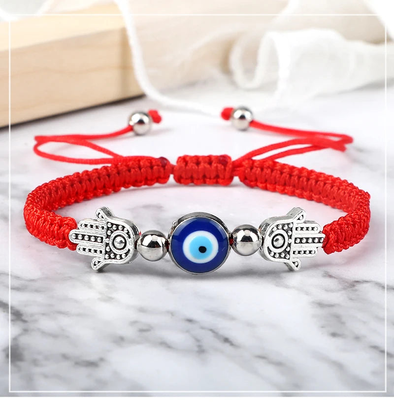 Pulsera Ajustable Mano de Fátima con Ojo Turco – Amuleto de Protección con Cuerda Roja Trenzada a mano