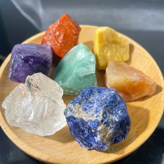 Set de 7 Piedras Naturales en Bruto – Sanación de Chakras | Cristales de Amatista, Aventurina, Lapislázuli y Más