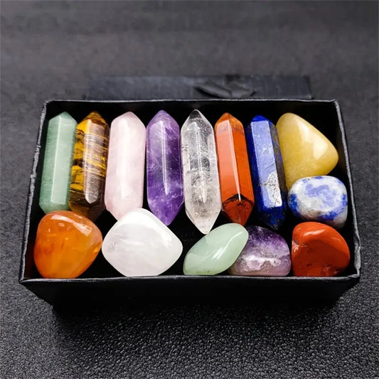 Set de 14 Cuarzos en Punta para Sanación de Chakras – Con Gemas de Cuarzo Rosa Hexagonales | Decoración Espiritual y Meditació