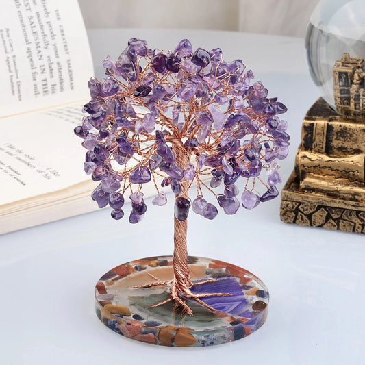Árbol de Cristal Natural – Mini Árbol de la Vida con Base Rosa o de Fluorita | Decoración Energética, Abundancia y Sanación