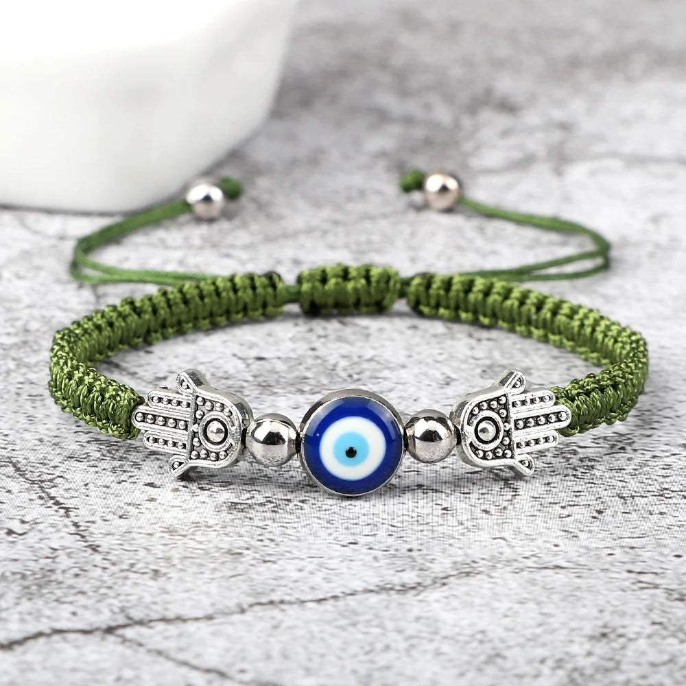 Pulsera Ajustable Mano de Fátima con Ojo Turco – Amuleto de Protección con Cuerda Roja Trenzada a mano
