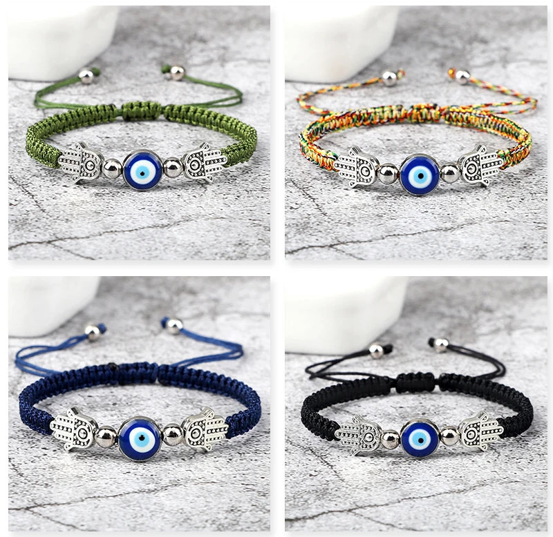 Pulsera Ajustable Mano de Fátima con Ojo Turco – Amuleto de Protección con Cuerda Roja Trenzada a mano